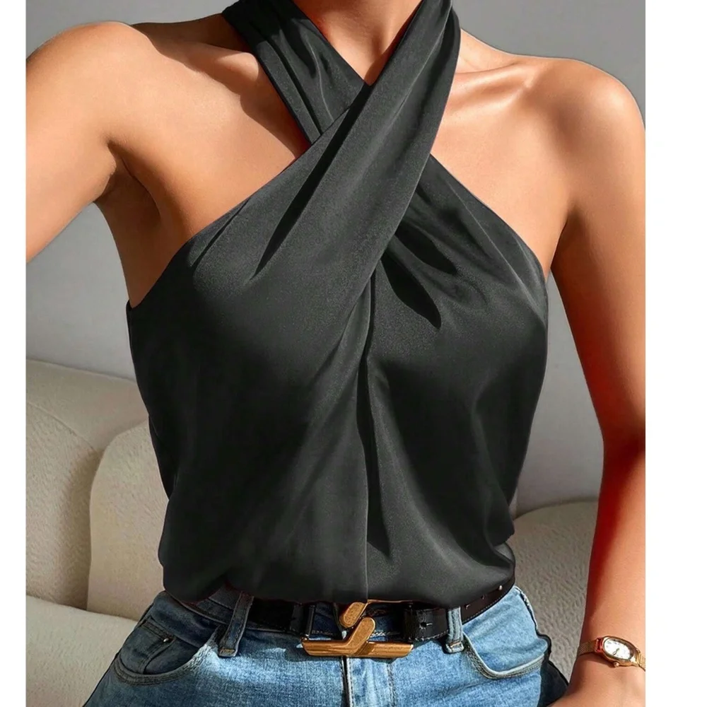 Luxe Satin Halter Tank Top - Picture 1 of 7